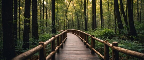 a wooden walkway in the middle of a forest.