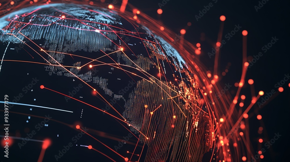 Poster a glowing globe surrounded by dynamic red lines representing digital connectivity, showcasing the in