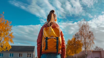 Little Girl Going Back to School . Child wearing a backpack ready for the first day of kindergarten