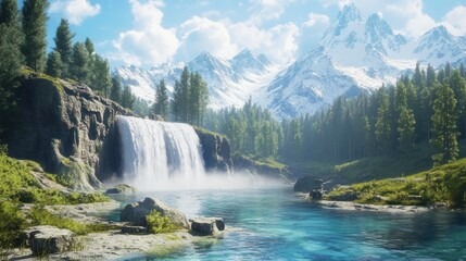 Fototapeta premium Majestic Waterfall Cascading Down a Mountainside in a Picturesque Forest Setting