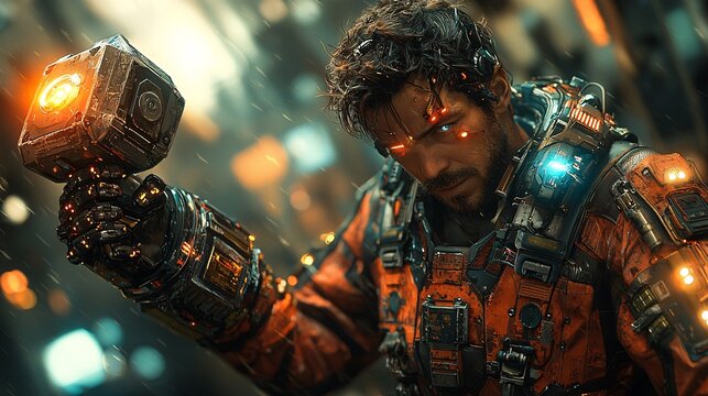 A human with a robotic arm that morphs into a massive hammer, glowing with energy.