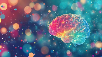 Fototapeta premium A vibrant illustration depicting a colorful brain surrounded by a swirl of bright, abstract patterns on a dark background, representing creativity and thought