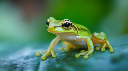 Naklejka premium Charming and adorable, a tiny, vibrantly green juvenile frog makes a captivating companion.