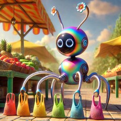 Playful, colorful robot with flower antennas shopping at a futuristic farmers market, promoting eco-friendly and fun designs