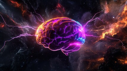 A vibrant and colorful depiction of a human brain surrounded by cosmic elements and energy bursts represents the fusion of intellect and the universe's mysteries
