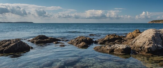 Rocky sea shoreline under a blue cloudy sky in tranquil coastal scene.
