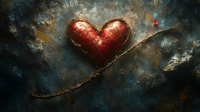 A red heart shape on a rough textured surface with a branch of twisted wire wrapped around it.