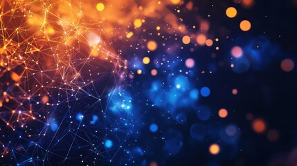 Fototapeta premium Abstract polygonal background with low-poly design and glowing dots in dark blue, orange, colors. Big data concept in a futuristic