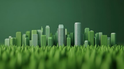A stunning green cityscape emerging from lush grass, symbolizing urban growth and sustainability in a vibrant environment.