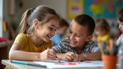 Fototapeta premium Two happy children are seen drawing together at a desk in a classroom filled with a cheerful atmosphere, as they smile and enjoy their creative activity.