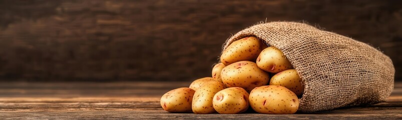 Organic potato sack, spilling onto rustic floor, 3D illustration