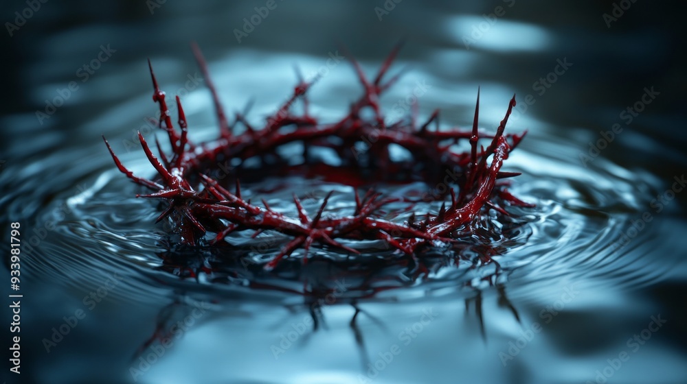 Poster a striking crown of thorns floats gently on calm water, ripples radiating outward as light glimmers 