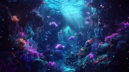 Fototapeta premium Bioluminescent Coral Reef with Glowing Fish in a Deep Ocean Cave