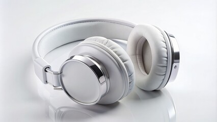 White headphones resting on a pristine white background, with sleek ear cushions and a silver headband, waiting to deliver high-quality audio experiences.