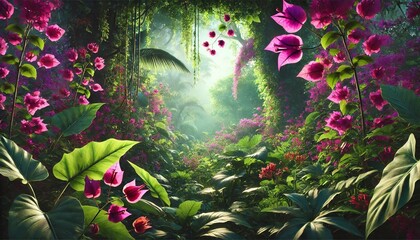 Vibrant bougainvillea climbing through lush tropical foliage, featuring philodendrons and caladiums - perfect for tropical designs and decor