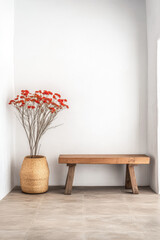 Fototapeta premium Minimalist interior with wooden bench and woven basket
