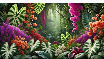 Vibrant Tropical Jungle with Colorful Bougainvillea and Variegated Leaves for Stunning Backgrounds and Botanical Art