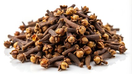 Whole dried cloves scattered on a pure white background, showcasing their distinctive bulbous shape and warm, earthy color, evoking aromas of spice and warmth.