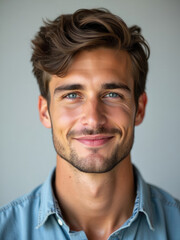 Fototapeta premium A young man dressed in a light blue button-up shirt is captured smiling and exuding a charming and friendly aura, suitable for themes of warmth, friendliness, and approachable professionalism.