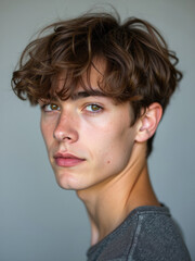 Fototapeta premium This portrait features a young man with tousled hair wearing a grey shirt, looking off-camera with a serious expression, perfect for themes of contemplation and depth.