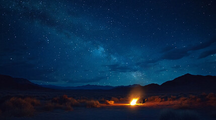 Serene Solitude: Campfire Glow in Vast Desert under Starry Night Sky