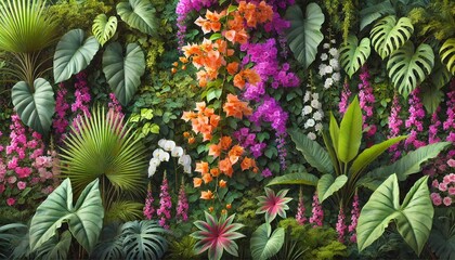 Vibrant Tropical Wall of Bougainvillea, Orchids, and Variegated Leaves for Botanical Illustrations and Background Designs