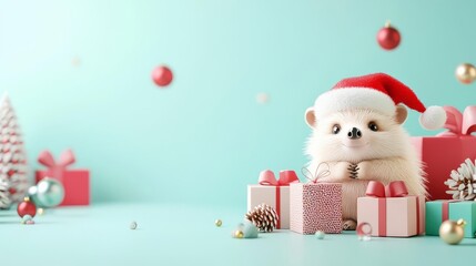 Christmas hedgehog in Santa hat, surrounded by gifts, 3D illustration