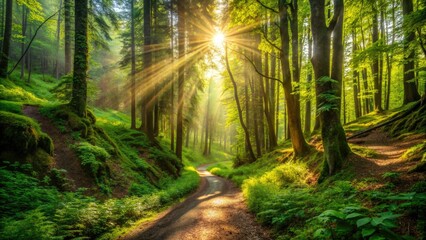 Obraz premium Winding dirt path freshly cut through lush green forest, with sunlight filtering through trees, inviting hikers to explore the untouched wilderness beyond.