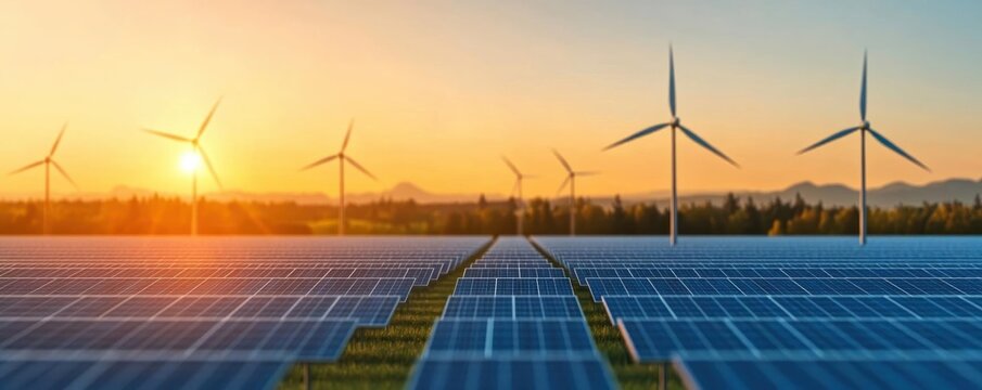Landscape showcasing renewable energy with wind turbines and solar panels under a vibrant sunset sky.