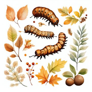 watercolor caterpillars and autumn leaves clip art preview