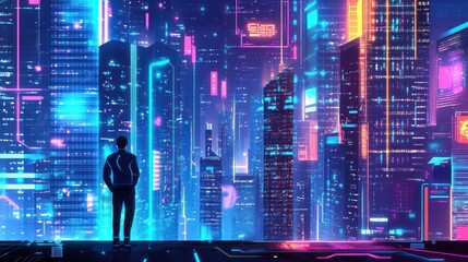 A lone figure standing on a rooftop overlooking a futuristic neon cityscape