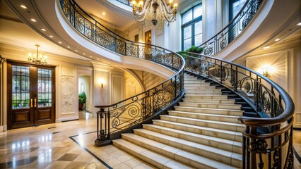 Winding staircase with five or more steps leading upward to a bright landing, surrounded by modern railings and ornate metalwork details in a luxurious interior.