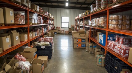 Fototapeta premium Warehouse Perspective Rows of Cardboard Boxes Stacked on Orange Shelves Light Streaming in from Window Empty Space in the Middle