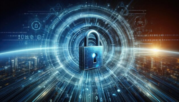 High-tech 3D illustration of a digital padlock, central in a futuristic blue background layered with flowing binary code and cybersecurity symbols