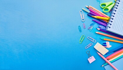 Colorful School Supplies on Soft Pastel Blue Background - Perfect for Back-to-School, Craft Projects, and Stationery Designs