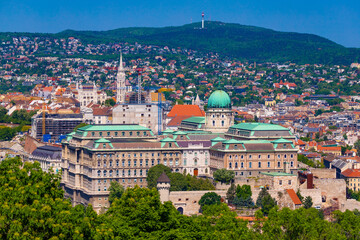 Fototapeta premium Aerial panoramic view of the Buda Castle Royal Palace, Budapest, Hungary
