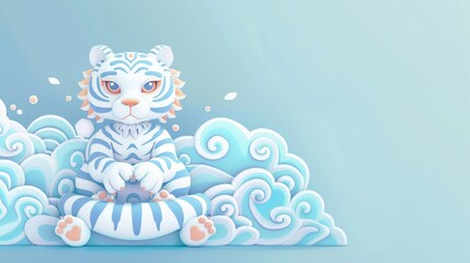 Cute Cartoon Tiger Sitting on Blue Cloud.