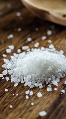 Fototapeta premium Close-up of coarse sea salt on wooden table