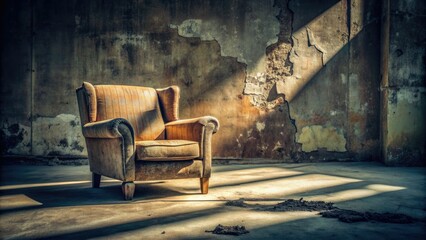 Worn, faded armchair sits alone on a desolate, gritty concrete floor, surrounded by nothing but shadows, evoking feelings of abandonment and nostalgia.