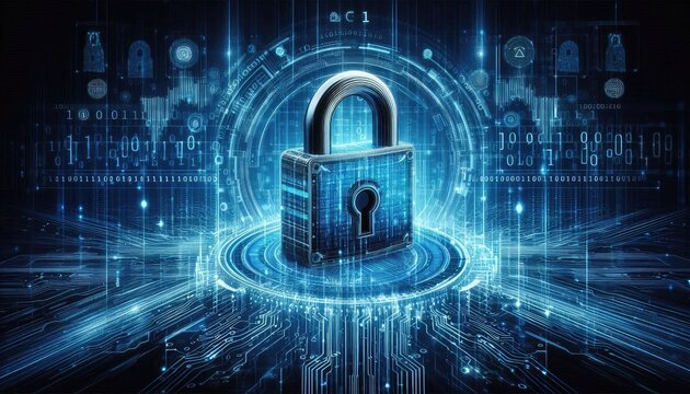 High-tech 3D illustration of a digital padlock, central in a futuristic blue background layered with flowing binary code and cybersecurity symbols