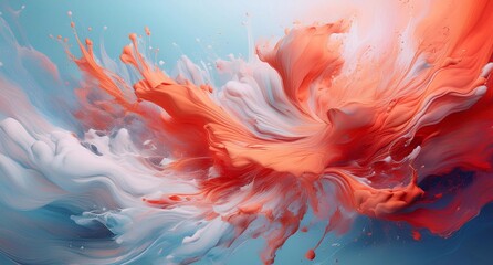 Vivid Red and Orange Paint Swirls Exploding on a Minimalist Light Blue Background - Perfect for Creative Design Projects