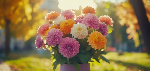 Obraz premium Golden Hour Bouquet A closeup perspective of a vibrant bouquet of dahlias with a soft warm background of golden bokeh capturing the essence of autumn beauty