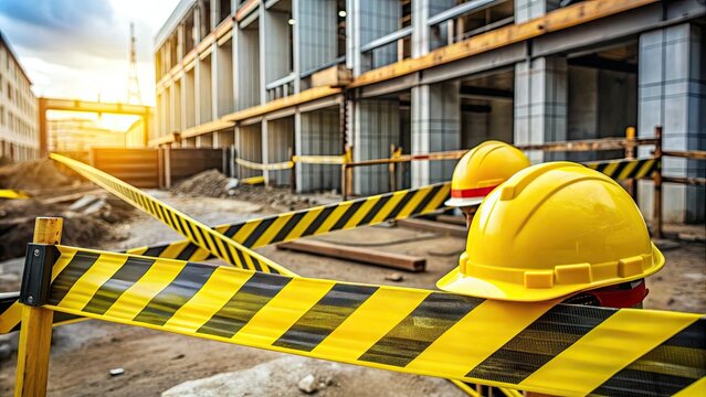 Yellow and black caution tape blocks off a construction site with warning signs and hard hats, emphasizing importance of hazard safety protocols.
