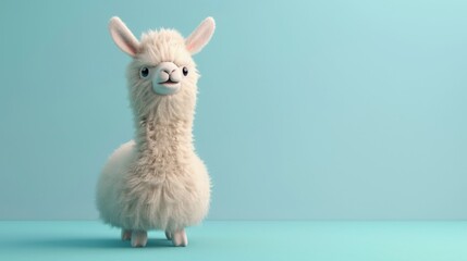 Cute fluffy alpaca on a blue background.