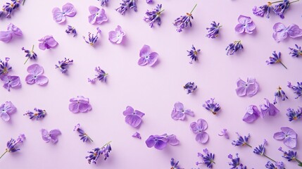 A flat lay of violet and lavender petals, gently scattered across a light purple background, with small sprigs of lavender intertwined for a calming effect
