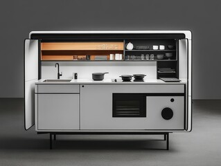 Obraz premium Minimalist Kitchen Unit A Front View of a Sleek White Black Cabinet with Open Doors Builtin Appliances on a Grey Floor