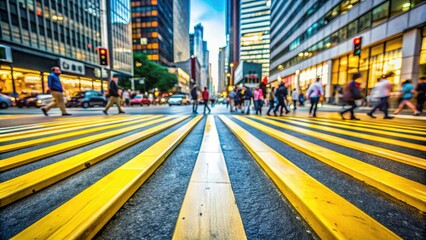 Yellow pedestrian crosswalk lines stretch across a busy city street, marked by bold white edges, surrounded by blurred motion of vehicles and urban architecture.