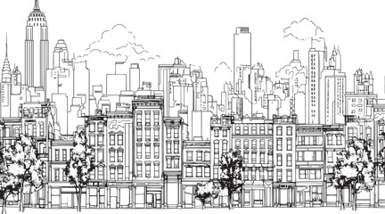 City landscape. Line urban backdrop. Skyline with clouds, different buildings on street, doodle street draw, outline cityscape hand sketch, flat houses. Hand drawn vector illustration