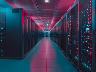 Fototapeta premium Neon Glow in the Server Room Perspective Down a Row of Black Servers with Red and Blue Lights Highlighting the Digital Infrastructure