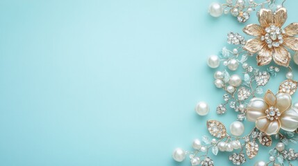 Elegant Pearl and Rhinestone Jewelry on a Blue Background